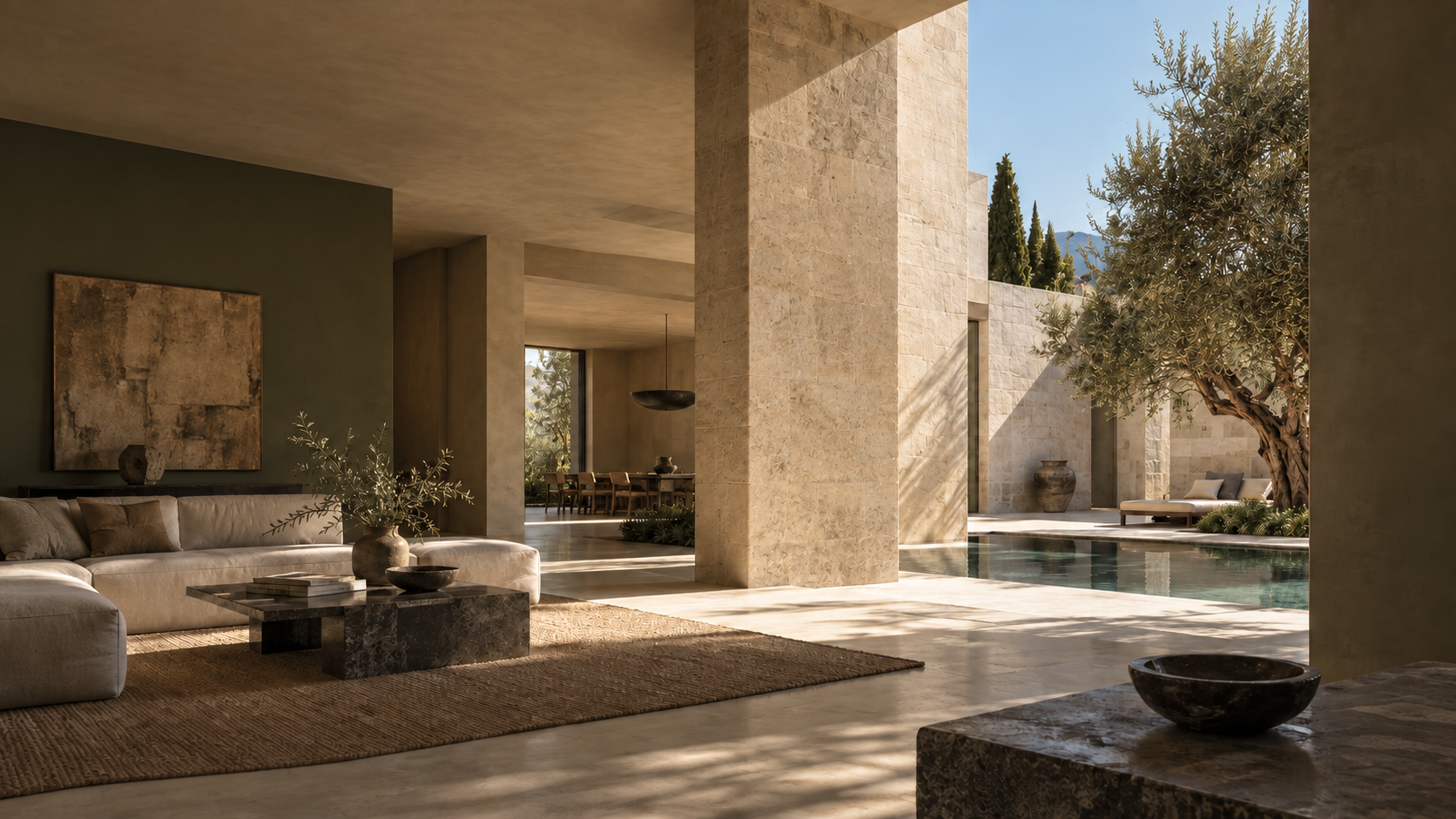 Sunlit limestone residence opening onto an olive-tree courtyard and pool